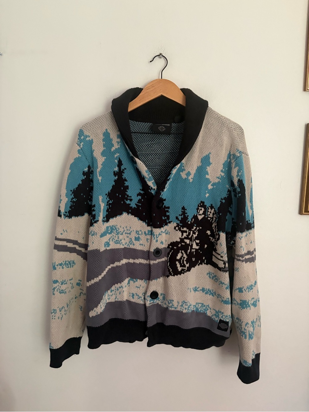 Harley-Davidson Mens Winter Scenic Biker Celebration Cardigan Sweater Blue Large